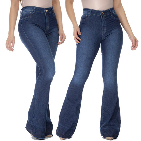 Calça Jeans Feminina Flare Cós Alto Levanta Bumbum Hot Pants Lycra