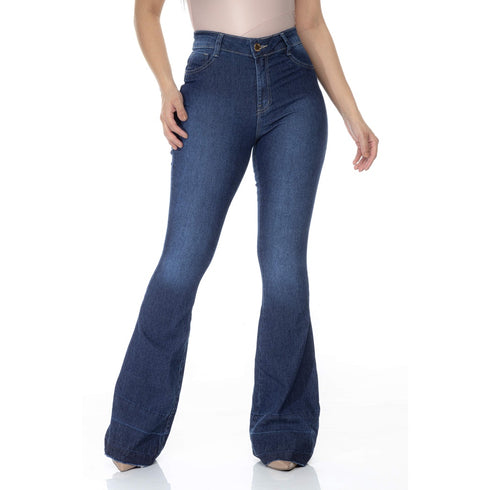Calça Jeans Feminina Flare Cós Alto Levanta Bumbum Hot Pants Lycra